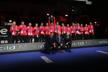 Foto bersama skuad putra Indonesia pada Thomas Cup 2020.