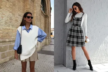 Inspirasi gaya preppy dengan rok untuk pergi kuliah. 