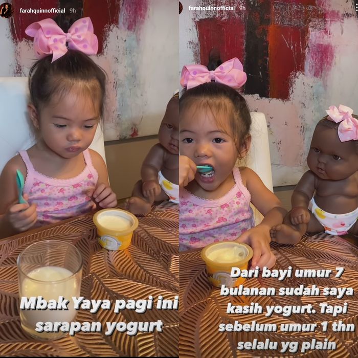 Anak Farah Quinn makan yogurt sejak kecil.