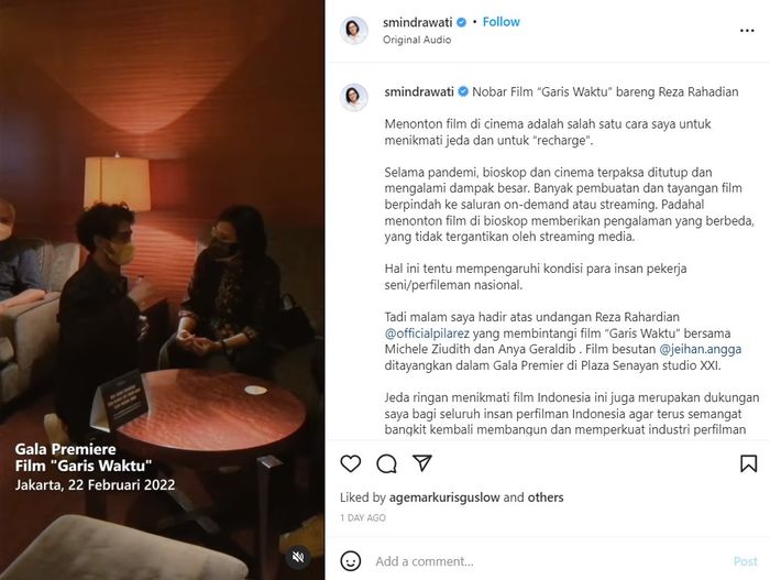 Unggahan Sri Mulyani yang menyaksikan film Garis Waktu