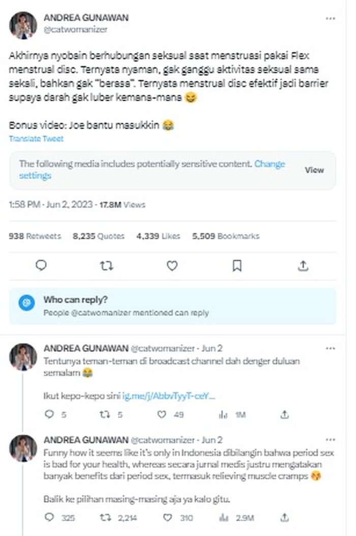 Cuitan Andrea Gunawan mengenai hubungan seksual saat menstruasi