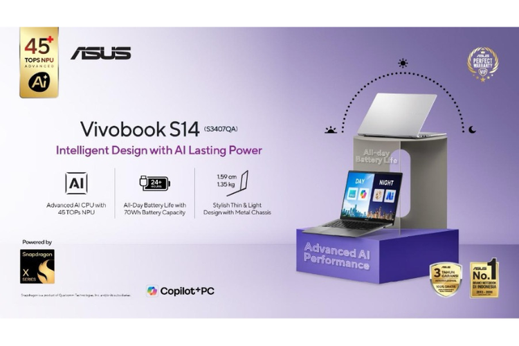 ASUS Vivobook S14 (S3407QA), Laptop AI Tipis dengan Baterai Tahan Seharian 