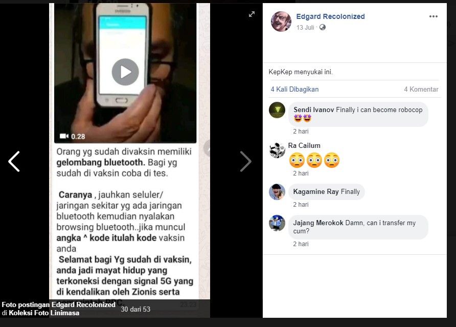Beredar misinformasi bahwa orang yang sudah divaksin Covid-19 punya gelombang bluetooth. Kemenkes tegaskan kabar tersebut hoaks.