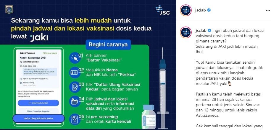 Kawan Puan yang kesulitan mendapat vaksin dosis kedua, kini bisa mendaftar lewat aplikasi JAKI. Berikut ini cara daftar dan syarat yang harus dibawa,