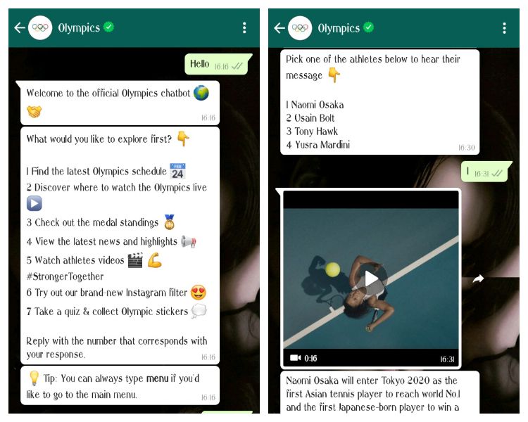 Pakai chatbot WhatsApp Olimpiade Tokyo 2020 untuk mengetahui jadwal serta hasil terkini pertandingan yang sedang berlangsung. Begini caranya!