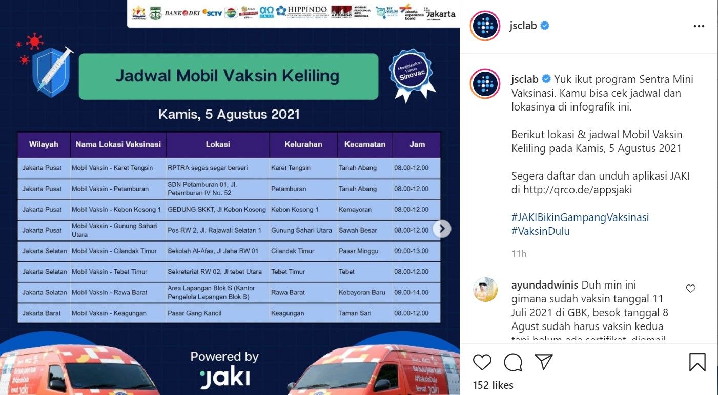 Pemprov DKI Jakarta menyediakan layanan Mobil Vaksin Keliling dan Sentra Mini Vaksinasi Covid-19, berikut jadwalnya untuk hari Kamis (5/8/2021)