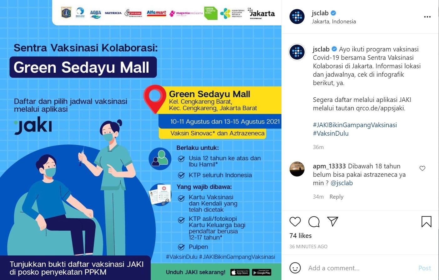 Ini sentra vaksinasi kolaborasi yang ada di DKI Jakarta untuk hari Rabu, 11 Agustus 2021.  Kamu bisa mendaftar vaksinasi lewat aplikasi JAKI. 