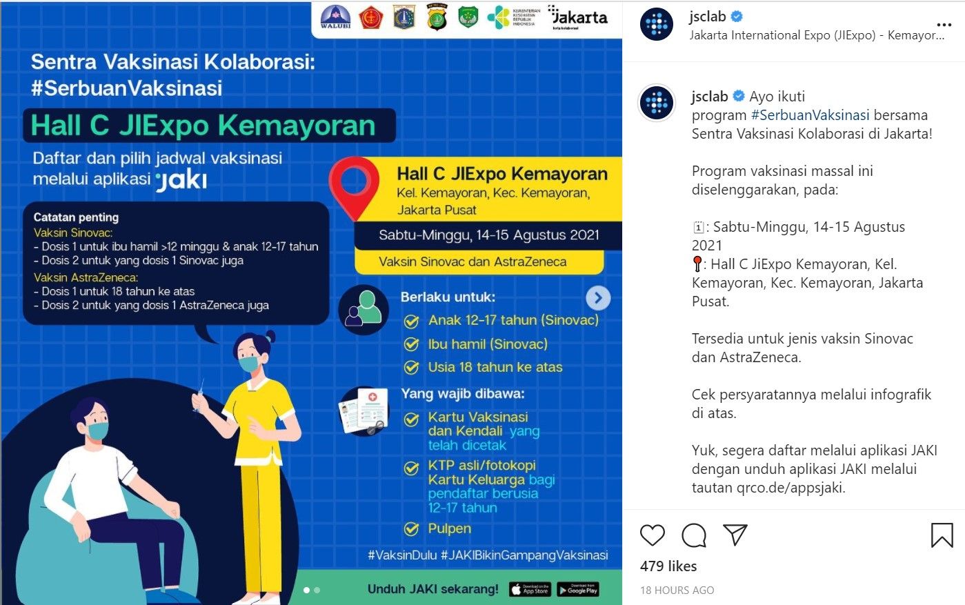 Sentra Vaksinasi Kolaborasi hadir di JIExpo Kemayoran pada Sabtu dan Minggu, 14-15 Agustus 2021 mendatang. 