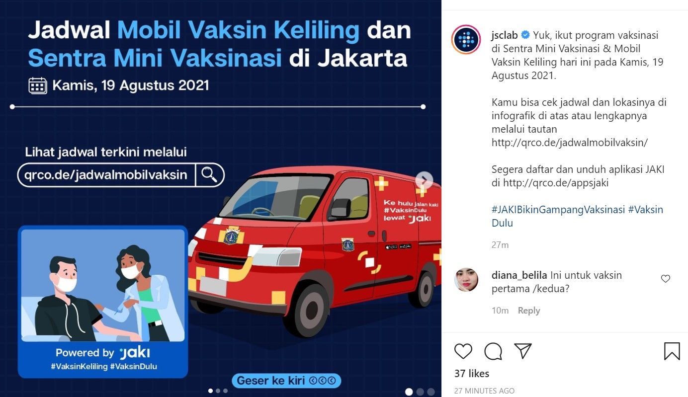 Berikut ini lokasi dan jadwal vaksinasi Covid-19 keliling di wilayah DKI Jakarta, Kamis 19 Agustus 2021.