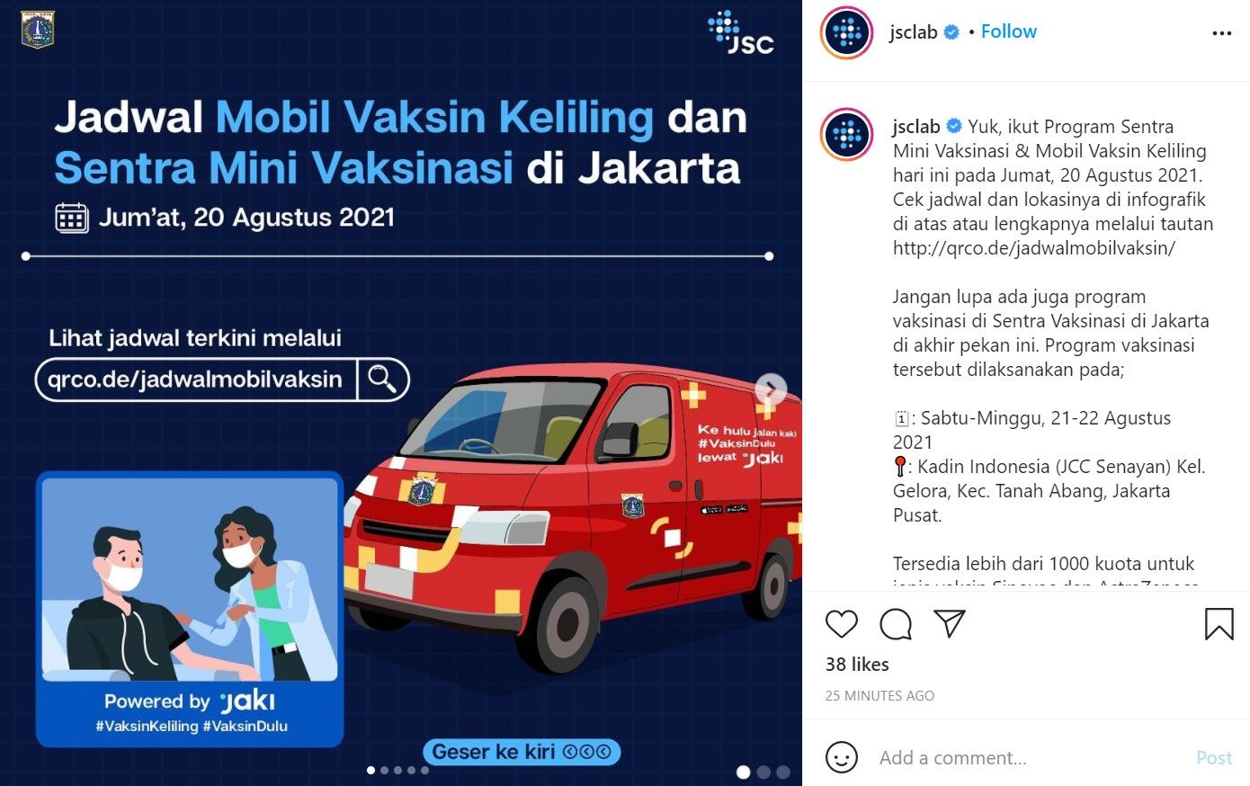 Berikut ini lokasi dan jadwal vaksinasi Covid-19 keliling di wilayah DKI Jakarta, Jumat 20 Agustus 2021.