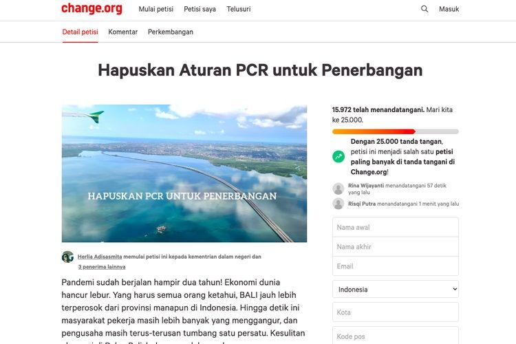 Baru-baru ini, muncul petisi untuk menghapuskan aturan kewajiban menyertakan tes PCR bagi penumpang pesawat di website change.org. 