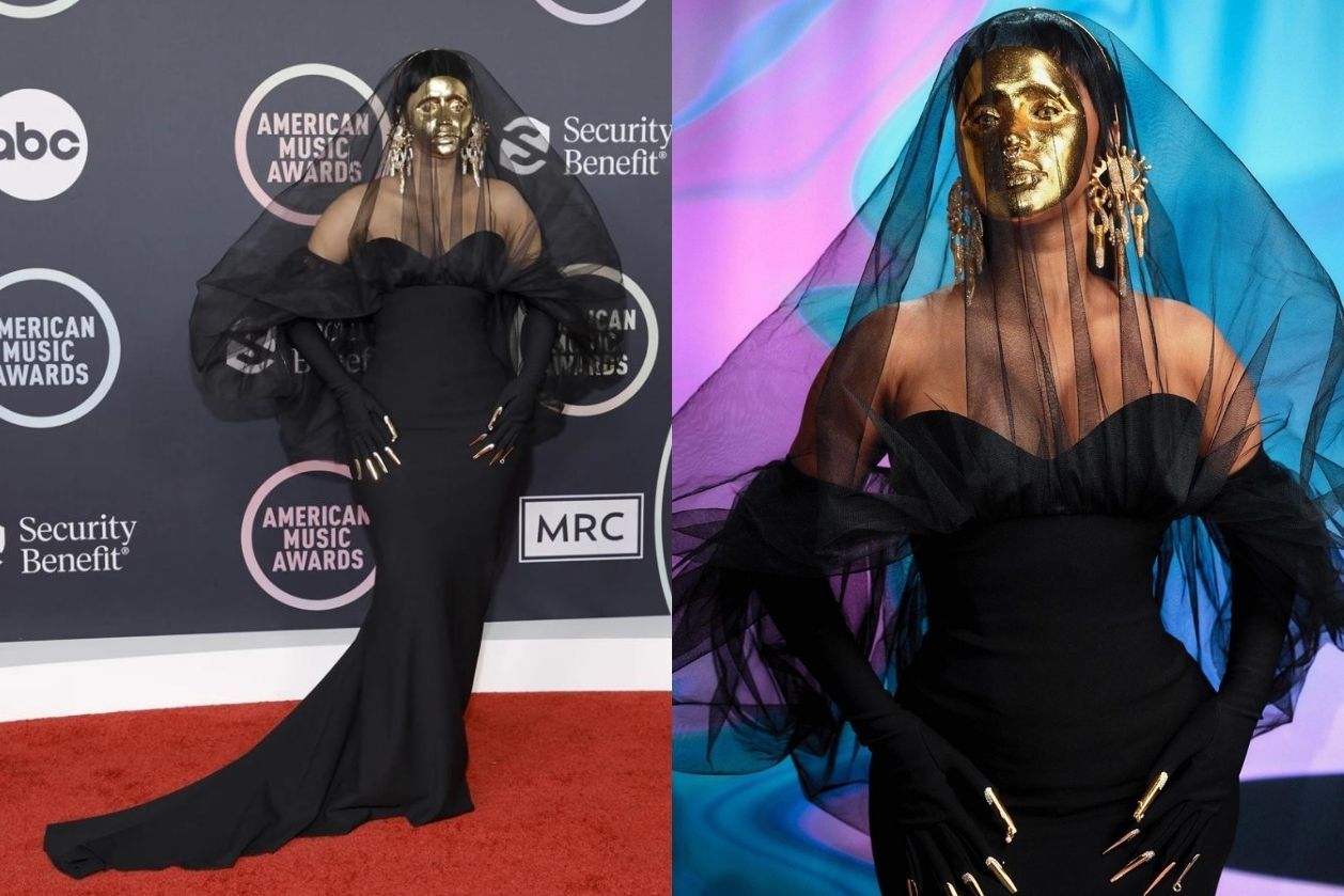  Cardi B kembali menggemparkan dunia fashion dengan memakai topeng emas saat menghadiri acara AMAs 2021. Seperti apa penampilannya?
