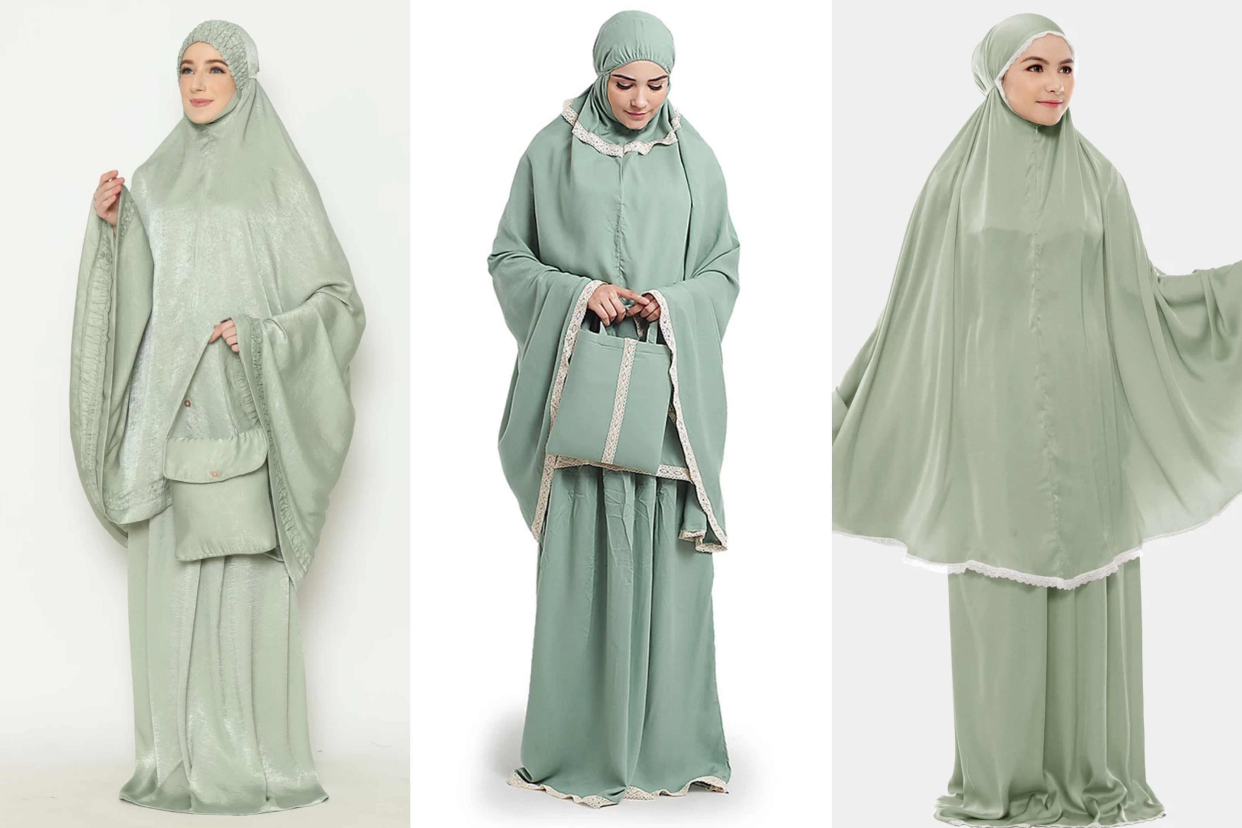 Tidak harus selalu berwarna putih, mukena cantik warna hijau sage seperti ini juga bisa meningkatkan semangat beribadah di bulan Ramadan.