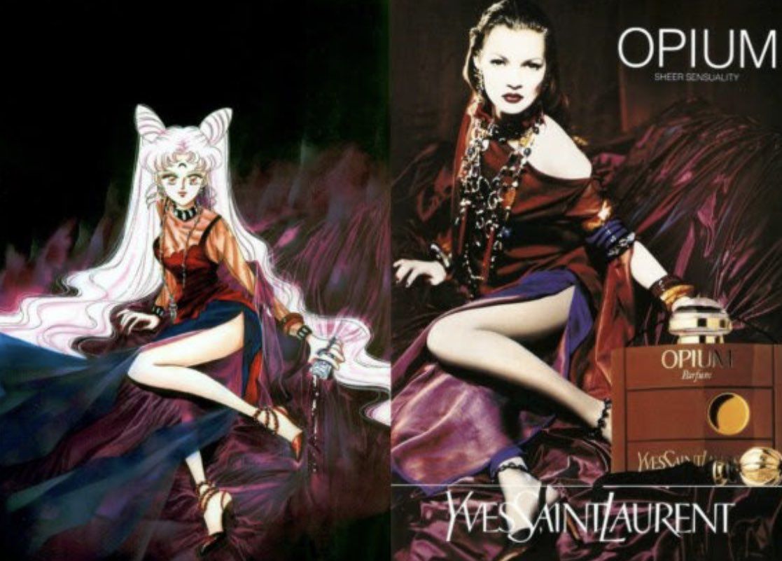 Gaya karakter Black Lady di Sailor Moon menginspirasi Yves Saint Laurent dalam iklan parfum Opium.