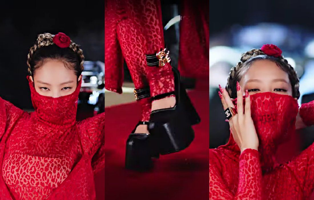 Gaya Jennie BLACKPINK pakai red lace dress di MV Pink Venom.