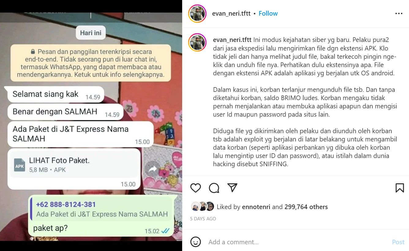 Muncul modus penipuan baru di mana pelaku mengirimkan file APK melalui WhatsApp hingga menguras rekening korban sampai ludes. Kenali cirinya.