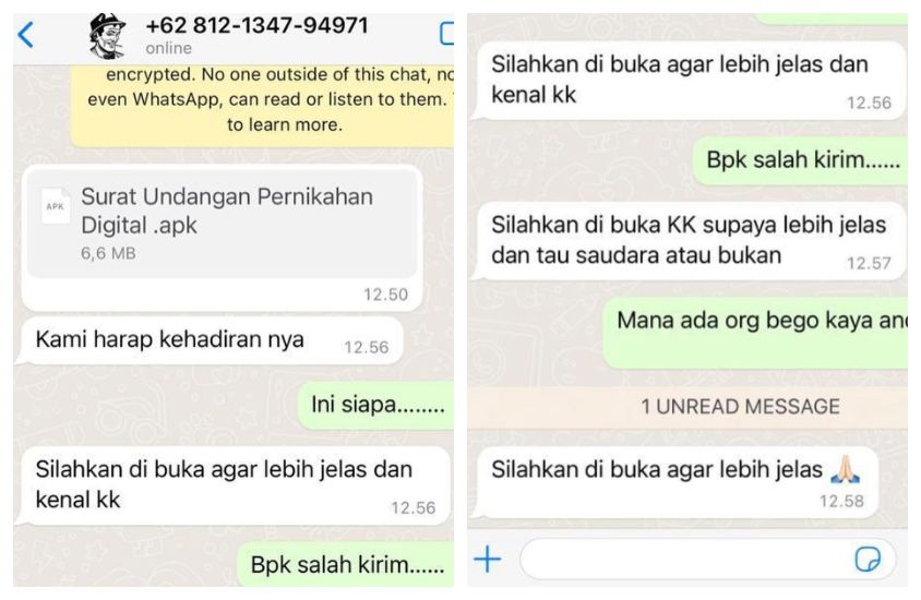 Kembali terjadi penipuan melalui pesan WhatsApp dengan menggunakan file APK bermodus menyebarkan undangan pernikahan malah bobol rekening Rp14 juta.