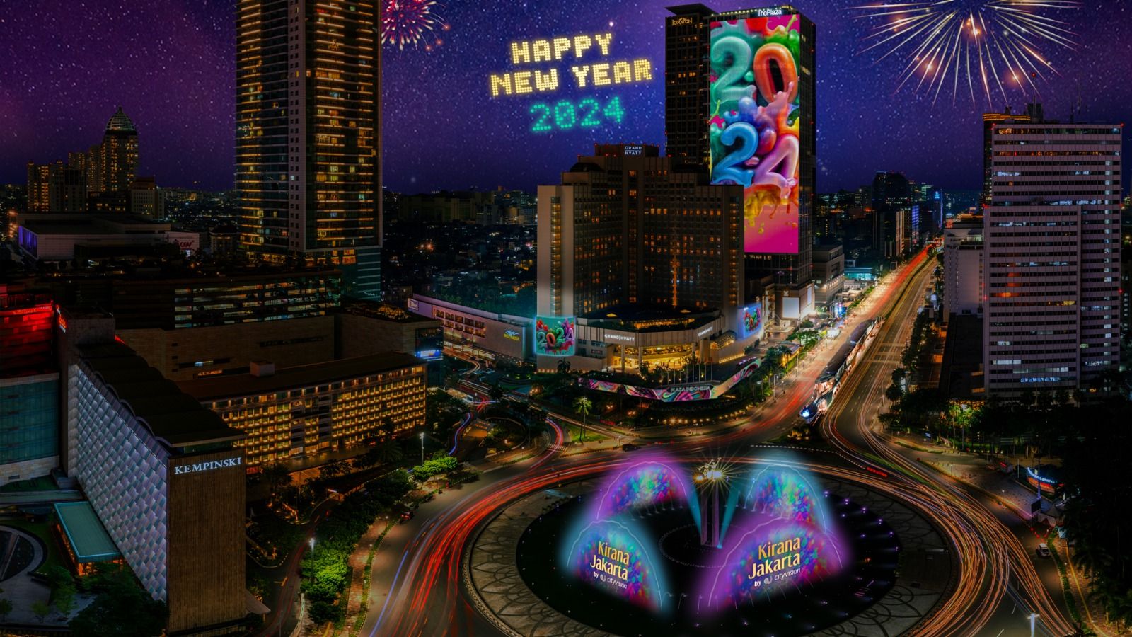 Malam perayaan tahun baru 2024, ada pertunjukan drone hingga water mist pada acara Kirana Jakarta by City Vision di Bundaran HI. Simak selengkapnya!