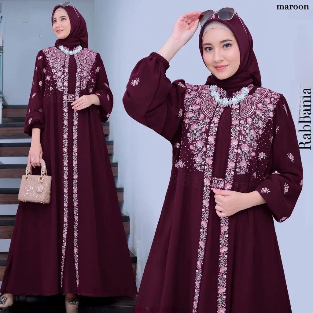 Femes Rabbania Dress Gamis Muslim Wanita Ceruty Babydoll Mix Bordir