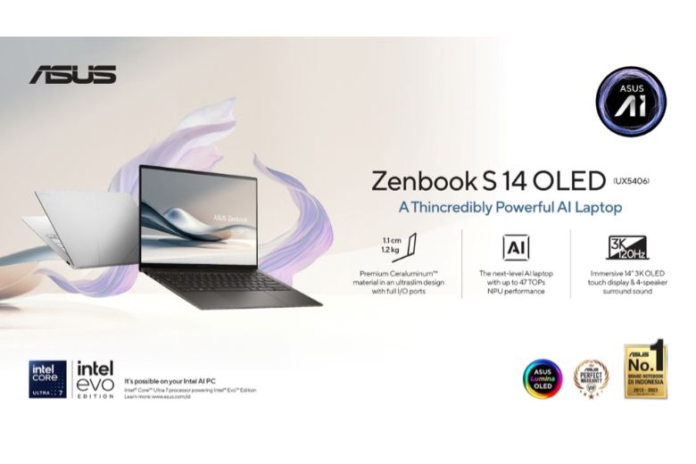 ASUS Zenbook S 14 UX5406 merupakan laptop tipis, ringan, dan dilengkapi fitur premium untuk menunjang produktivitas tinggi penggunanya.