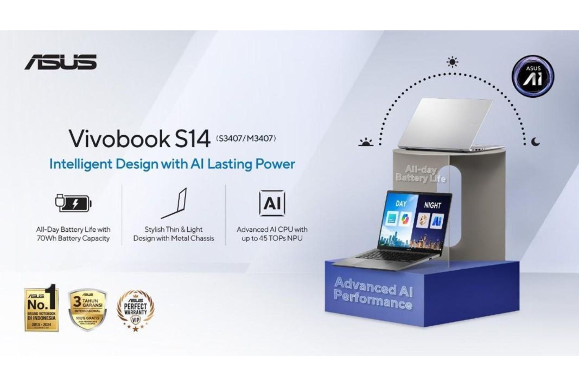 Laptop AI tipis dan tangguh, ASUS Vivobook S14 hadir dengan performa kencang, baterai tahan lama, dan durabilitas berstandar US Military Grade.