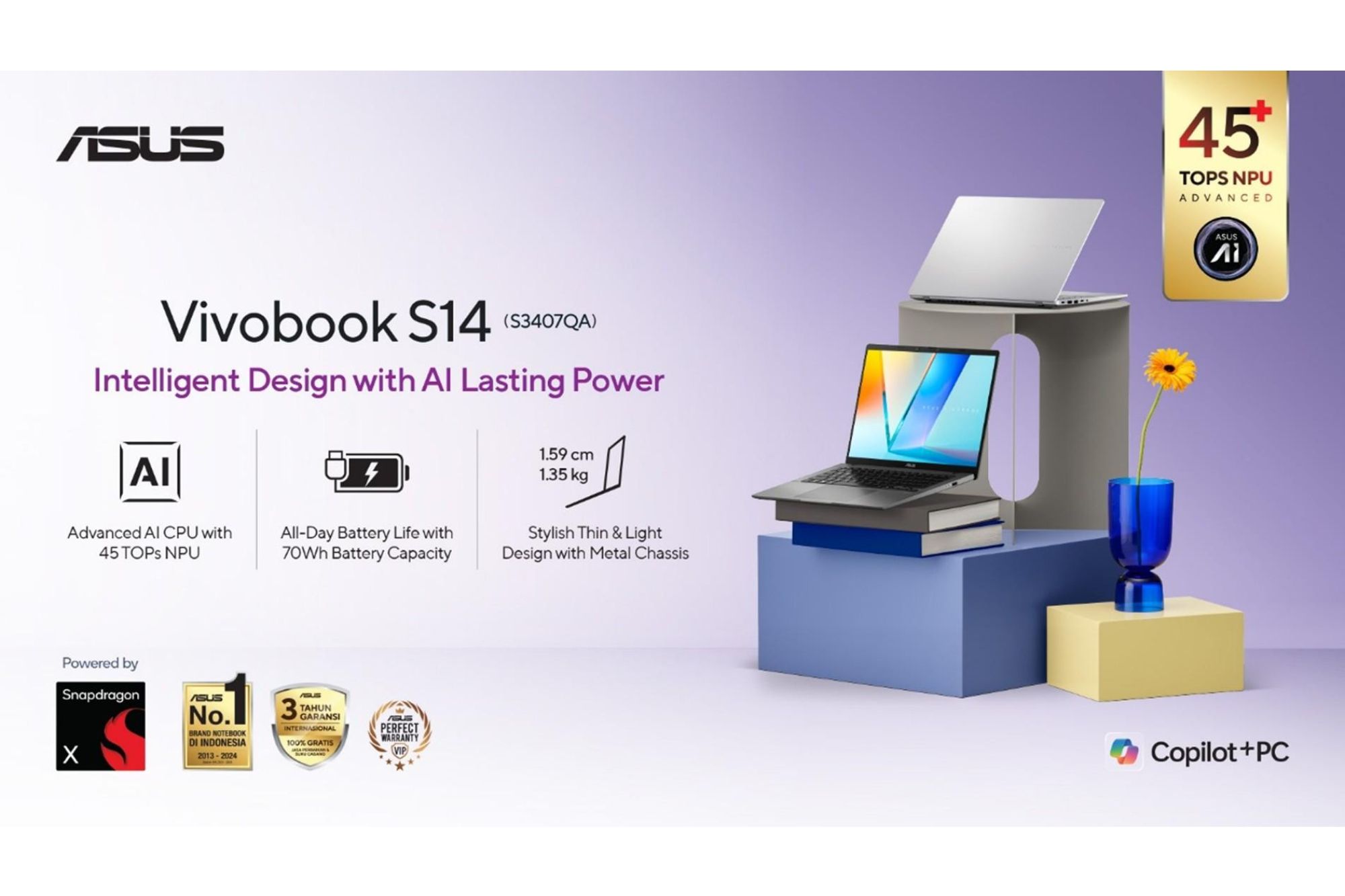ASUS Vivobook S14 (S3407QA), laptop AI yang ringkas, tangguh, dan cerdas untuk menemani produktivitas sehari-hari.