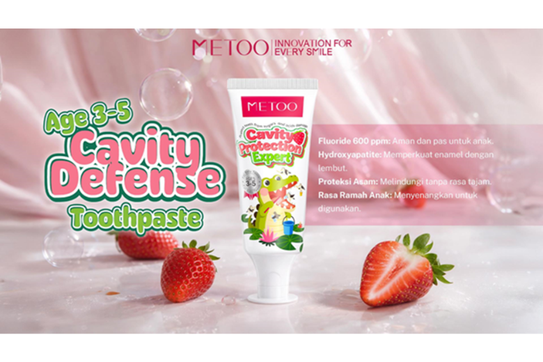METOO Kid’s Cavity Defense Toothpaste untuk anak usia tiga hingga lima tahun dengan perlindungan gigi dari risiko gigi berlubang. 