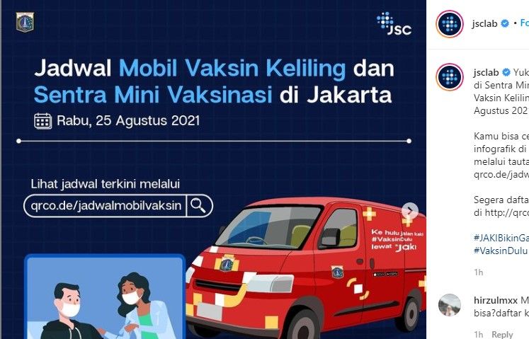 Bagi warga DKI Jakarta dan sekitarnya, berikut ini jadwal layanan mobil vaksin keliling wilayah hari ini, Rabu 25 Agustus 2021.