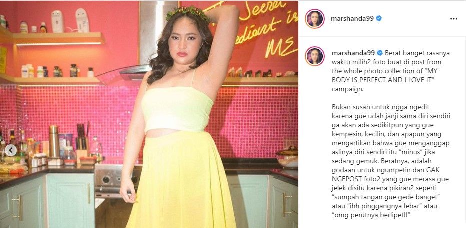Marshanda mengajak perempuan untuk lebih mencintai diri sendiri dan percaya diri, lewat kampanye My Body is Perfect and I Love It. 