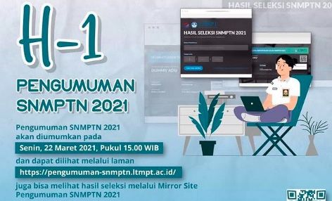 Jangan sampai lupa untuk mengecek pengumuman SNMPTN 2021 pada Senin, 22 Maret 2021, pukul 15.00 WIB secara online melalui laman ltmpt. 