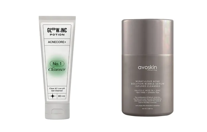 Skincare viral di TikTok : Avoskin Miraculous Acne Solution Bubble-Serum Infused Cleanser dan Glowinc Potion Acnecore+ Clear Ac Low pH Gel Cleanser.