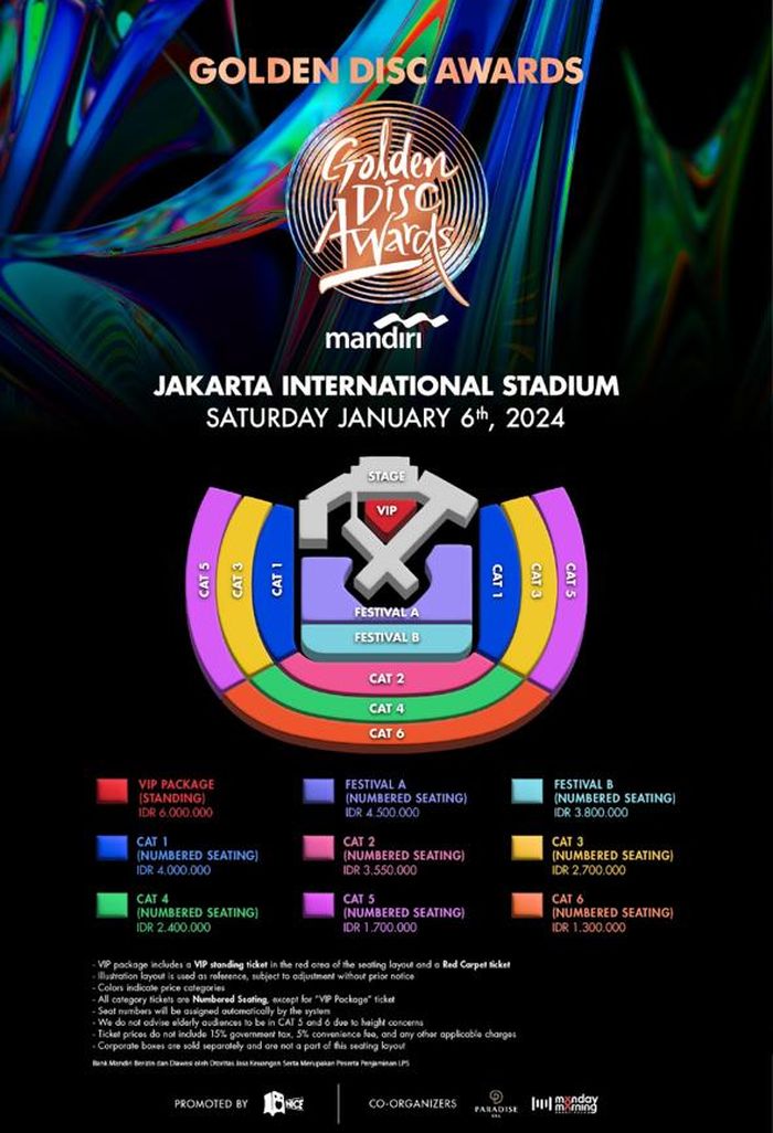 informasi daftar harga tiket Golden Disc Awards 2024 di Jakarta International Stadium (JIS), Jakarta, Indonesia.