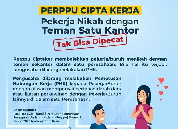 Tidak akan dipecat atau di-PHK, begini aturan soal pekerja menikah dengan teman satu kantor yang tercantum dalam Perppu Cipta Kerja.
