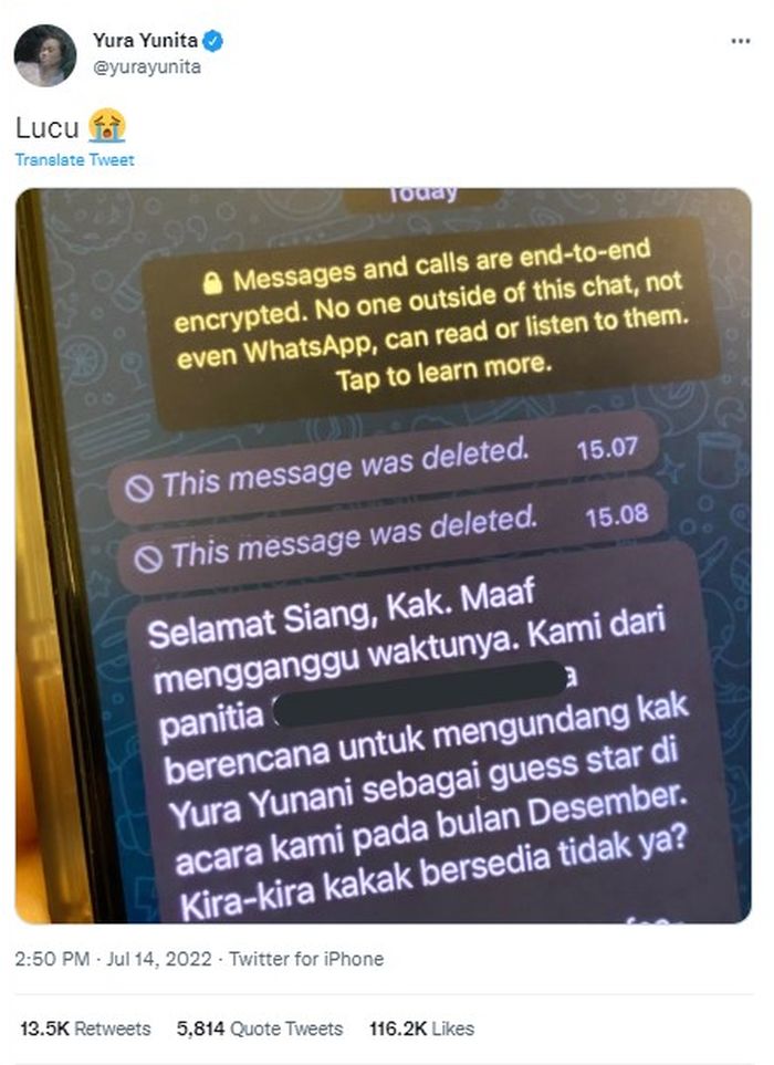 Unggahan Yura Yunita di Twitter.