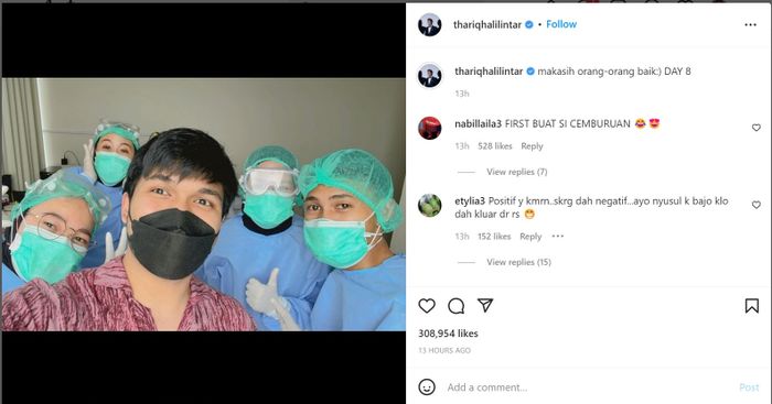 Unggahan Thariq Halilintar yang menunjukkan dirinya sedang menjalani karantina.