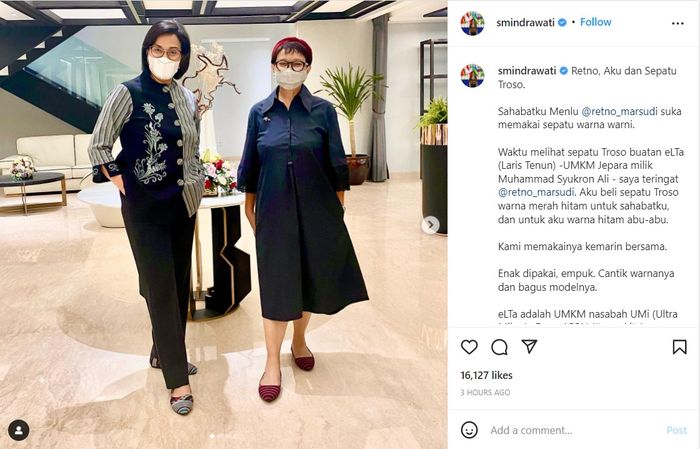 Unggahan Instagram Sri Mulyani bersama Retno Marsudi