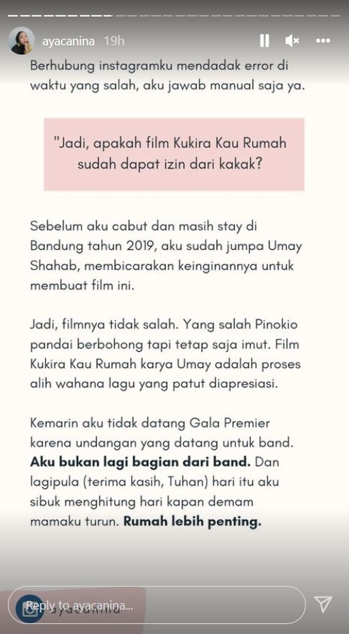 Unggahan Instagram Aya Canina penulis lagu Kukira Kau Rumah