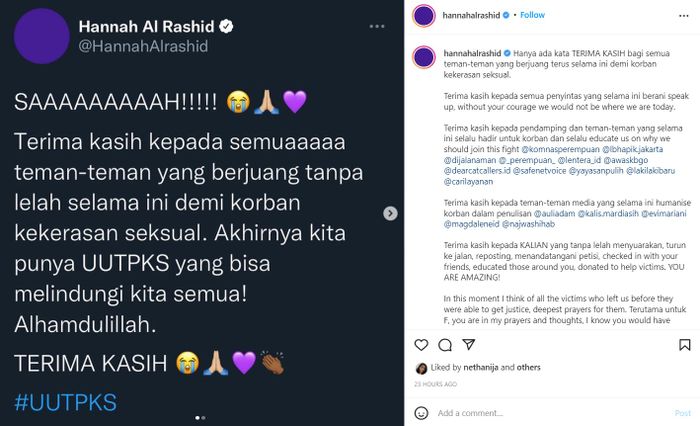 Unggahan Instagram Hannah Al Rashid