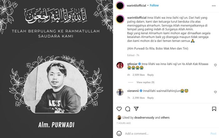 Purwadi atau Rita Warintil meninggal dunia, penggemar beduka