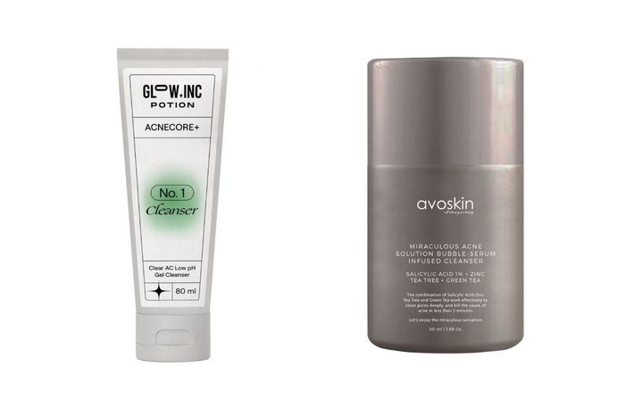 Skincare viral di TikTok : Avoskin Miraculous Acne Solution Bubble-Serum Infused Cleanser dan Glowinc Potion Acnecore+ Clear Ac Low pH Gel Cleanser.
