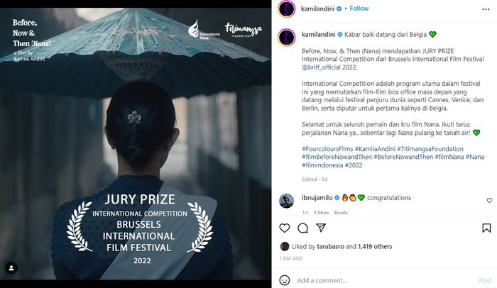 Unggahan Kamila Andini di Instagram
