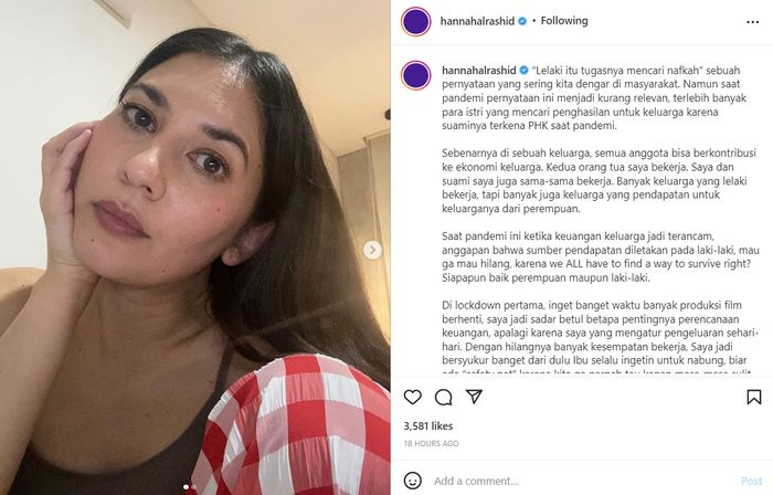Unggahan Hannah Al Rashid tentang perempuan mandiri finansial